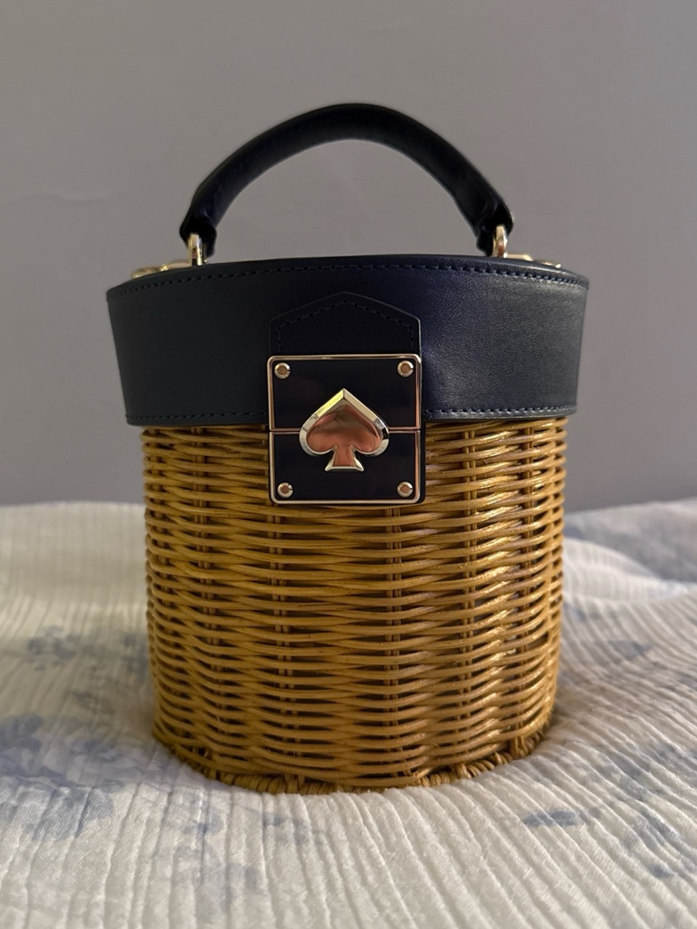 kate spade Navy Leather-Trim Wicker Crossbody Bag with Gold Spade Accent